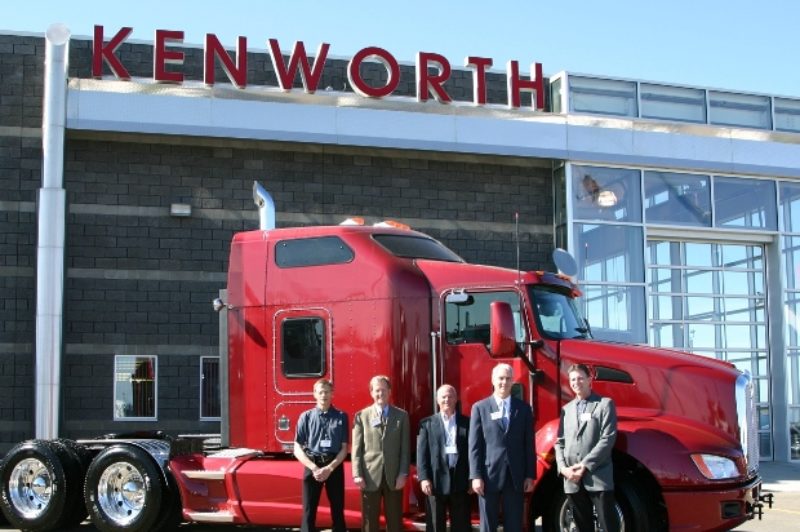 At the recent grand opening of Lloydminster Kenworth, from left are: Bryan Robinson, branch manager; Neil Vonnahme, Kenworth general sales manager; Kelly Kennedy, Kenworth region manager; Gary Moore, Kenworth assistant general manager; and Gilles Robert, Edmonton Kenworth truck sales manager.