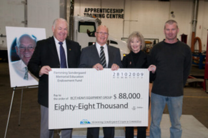 (Pictured from left-right: John Bourbonniere, regional manager, operations west, YRC Reimer and former Chair and current board member BCTA; Robin Ross, chair, Flemming Sondergaard Legacy Fund Committee; Laurie Clarke, vice-president development, BCIT; and Jason Drinkle, BCIT student).