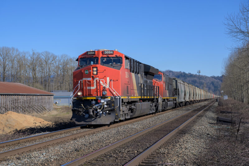 Abbotsford, British Columbia / Canada - March 3, 2019: Canadian National potash train rolling through Abbotsford, BC.