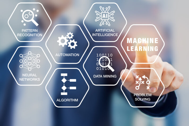 Presentation about machine learning technology with scientist touching screen with artificial intelligence (AI), neural network, automation, and data mining words and computer icons
