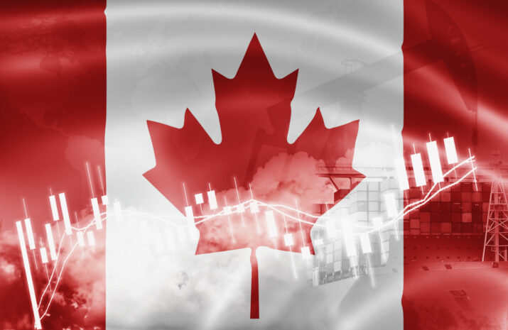Canada flag, stock market, exchange economy and Trade, oil production, container ship in export and import business and logistics.