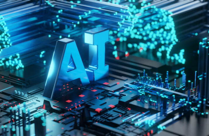 Artificial Intelligence (AI) machine learning innovation technology on circuit board, 3d rendering