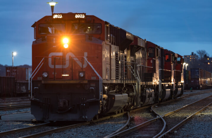 Four CN Rail diesel locomotives prepare to depart the Rockingham station.