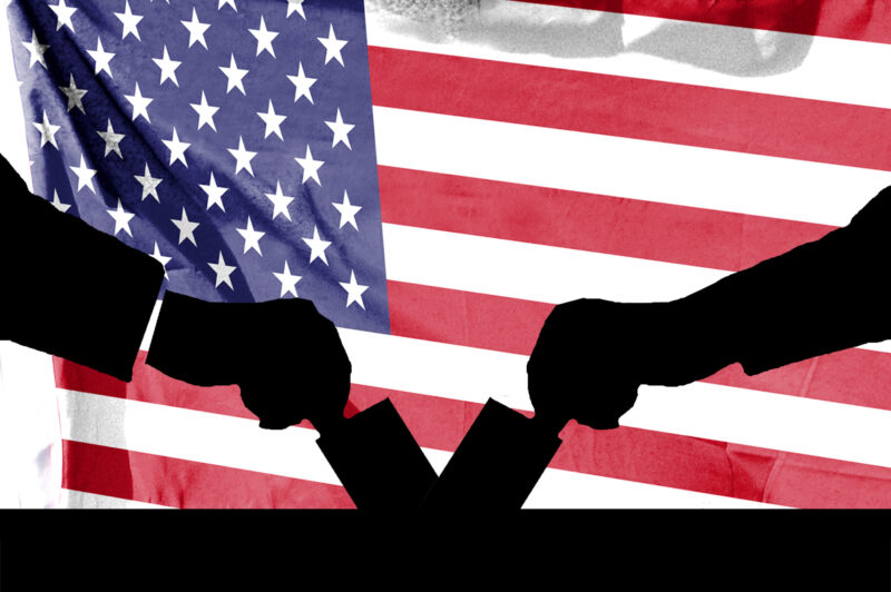 American flag and election vote silhouette composition. Describe the 2024 US election situation and results. Basemap and background concept. Double exposure hologram.