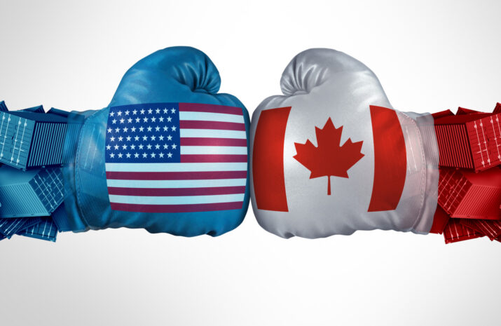 Canada United States or USA Canadian trade relationship and American tariffs conflict with two opposing trading partners as an economic import and exports dispute concept.