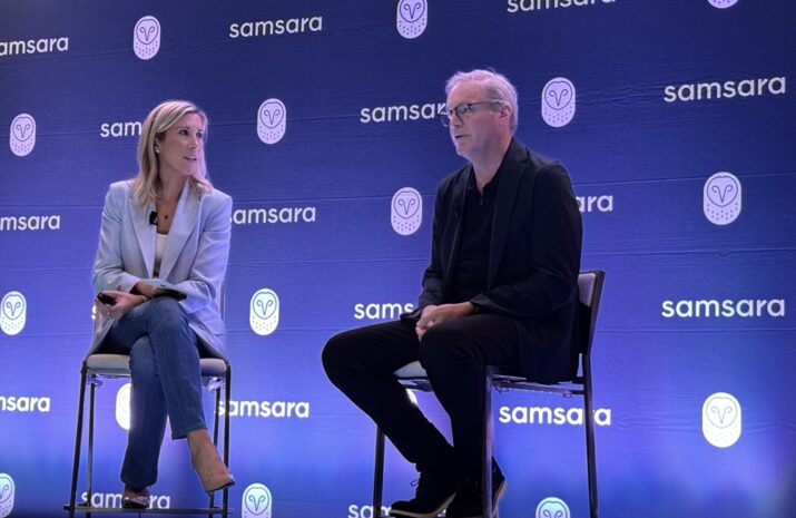 Chris Spear photo, on stage with Meagen Eisenberg, CMO of Samsara