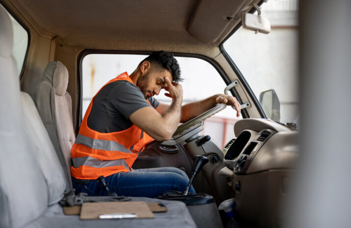 Picture of a sad truck driver with a headache