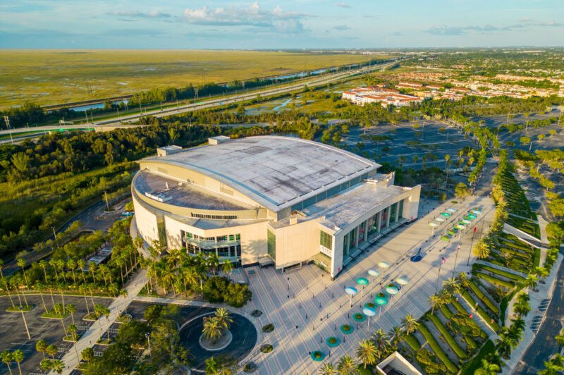 Sunrise, FL, USA - November 27, 2022: Aerial drone photo of FLA Live Arena Sunrise FL